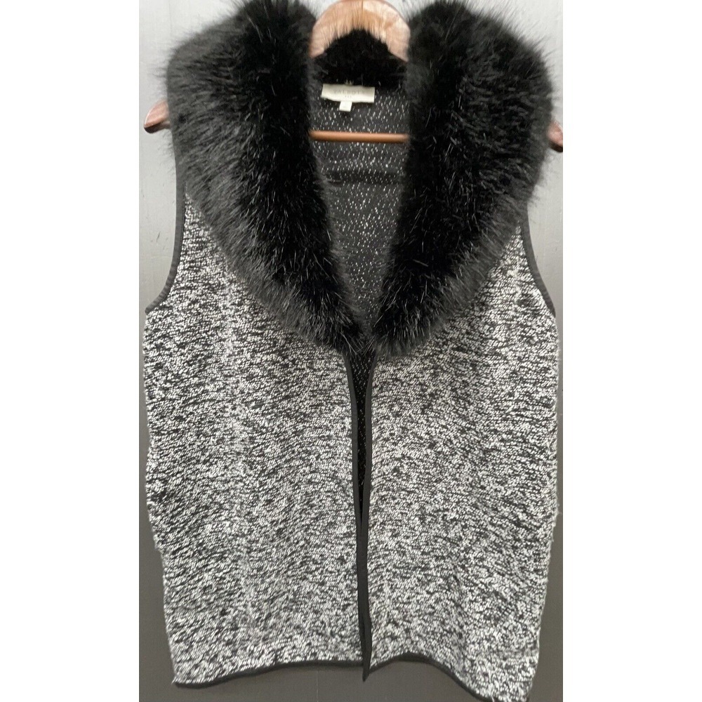 Talbots Sweater Vest M Black Open Faux Fur Collar Wool Blend Party Occasion